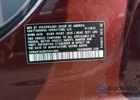 2012 Volkswagen Passat 2.5L S z USA, uszkodzony, nr VIN 1VWAP7A38CC041980